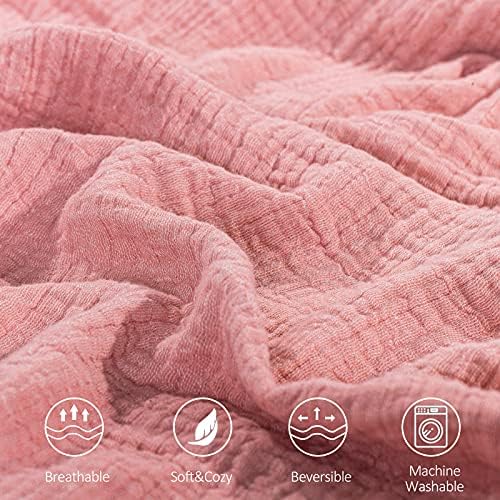 SE SOFTEXLY Muslin Throw Blanket, 4-Layer Dyed Yarn, 90”x102”, Coral Pink - Image 3