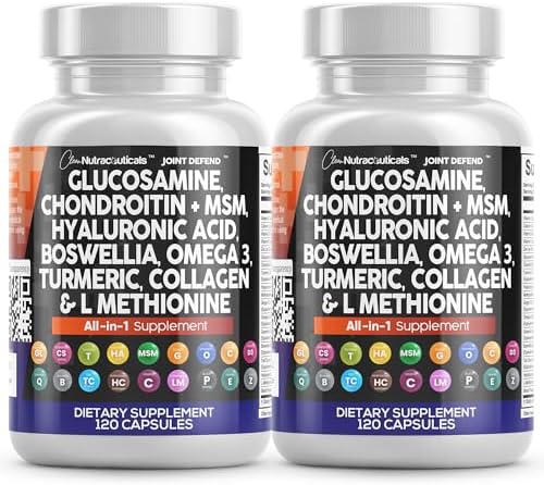 Clean Nutraceuticals Glucosamine Chondroitin MSM 1500mg with Turmeric Curcumin, Collagen, Hyaluronic Acid, Omega 3 – Joint Health Supplement for Men & Women (120 Count (Pack of 2)) by CleanNutraceuticals