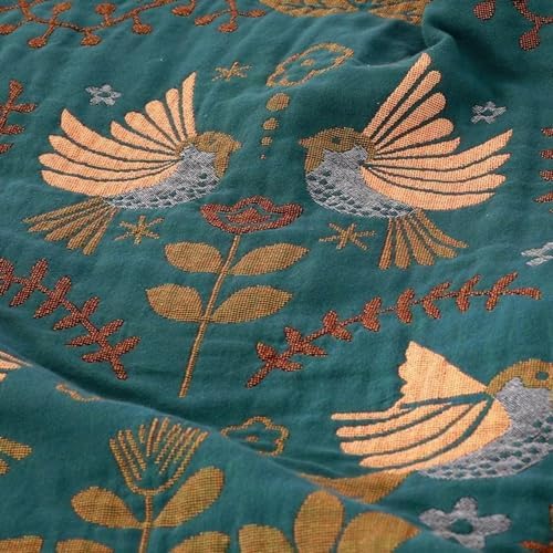 100% Muslin Cotton Throw Blanket for Couch Bed Adults Kids, Boho Floral Bird Retro Fringed Quilt Ultra Soft Reversible Gauze Blanket for All Season (Blue,90"x98") - Image 5