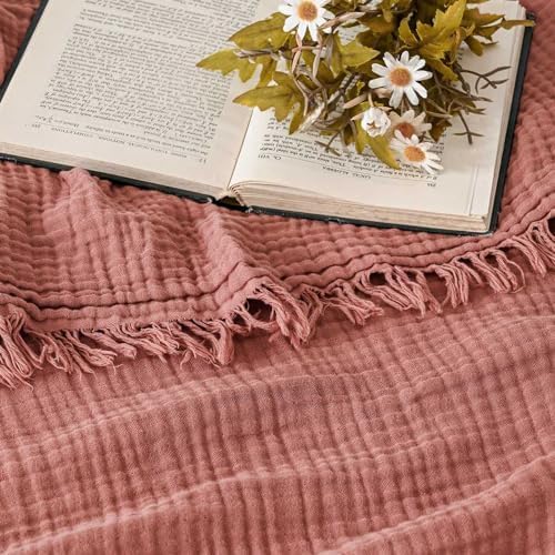 Esterra Muslin Throw Blanket 50x65 Inches Cozy Soft Lightweight Pre-Washed Cotton Blanket, All Season Breathable 4-Layer Gauze Blanket Throw for Sofa Couch Bed, Copper Brown - Image 2