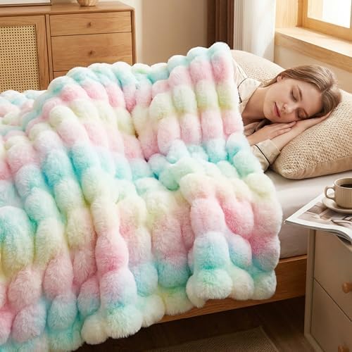DREAMNINE Soft Faux Bubble Rabbit Fur Blanket Twin Size, Thick Cozy Decorative Colorful Warm Fuzzy Fur Blanket for Bed Couch Sofa Chair Bedroom Living Room Dorm Gift, 60 * 70 Inches, Rainbow - Image 2
