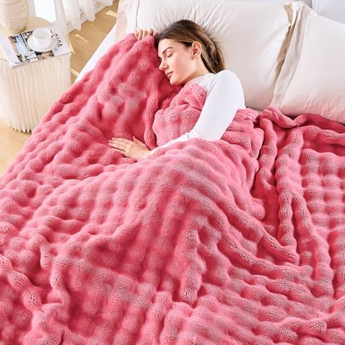 NEWCOSPLAY 3D Bubble Flannel Throw Blanket for Couch Coral Pink, 90"×90" by NEWCOSPLAY