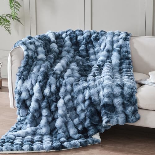 50x60 Inches Ultra-Soft Fuzzy Faux Fur Plush Throw Blanket - Thick, Warm Sherpa for Couch, Sofa, Bedroom, Camping - Decorative Blanket for Cozy Warmth, Bubble Dark Blue Tie Dye by Serenhom