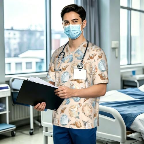 Men's Scrub Top,V-Neck Spill Wrinkle Resistant,3 Pockets-Seashells (3) - Image 3
