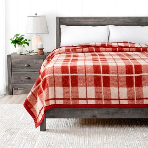 Poyet Motte Rivoli Solid 400GSM 100% Virgin Wool Blanket, Medium/Heavy Weight, Machine Washable (Red/Natural Plaid, Twin Size) by Poyet+Motte+Made+In+France