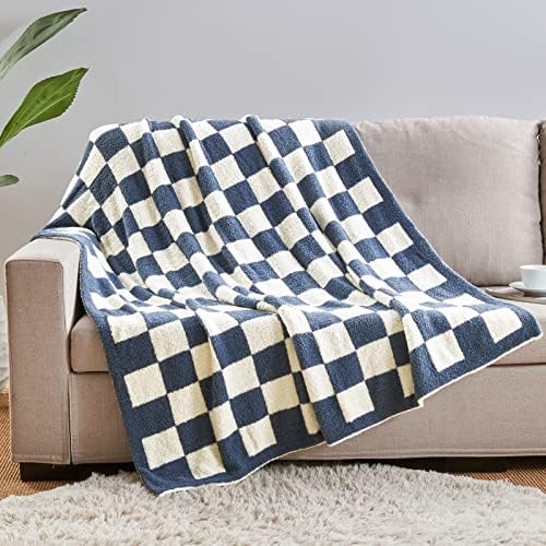 CozeCube Dusty Blue White Reversible Checkered Knit Throw Blanket 50"x60" - Image 5