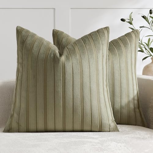 DEZENE 26x26 Olive Green Throw Pillow Covers Pack of 2 Soft Striped Corduroy Square Spring Summer Outdoor Pillow Cases for Couch Sofa Bedroom Living Room Home Decor by DEZENE