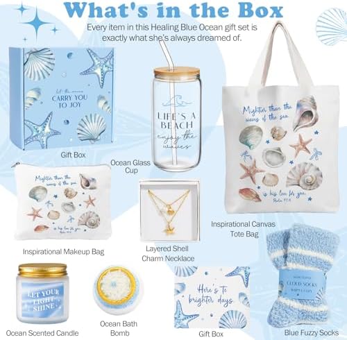 Gifts for Women, 8pcs Ocean Happy Birthday Gifts for Women, Christmas Ideas Inspirational Get Well Soon Gift Baskets Mothers Day Box w/Seashell Tote Bag for Her Mom Sister Friend Friendship - Image 3