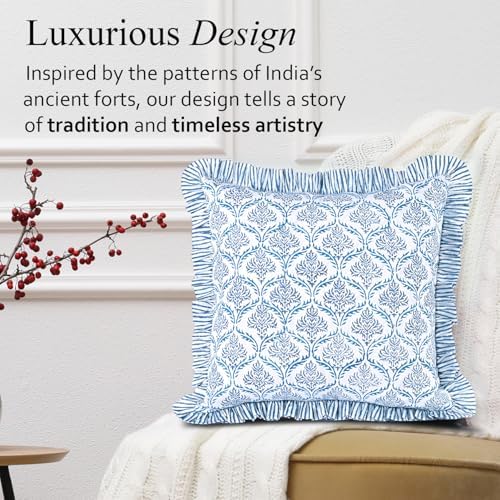 CPC Indigo Regal Hand Block Print 100% Cotton Ruffle Throw Pillow Cover 18x18 inch with Hidden Zipper Decorative for Couch, Bed, Sofa, Farmhouse, Cottagecore Decor Gift Christmas Fall Thanksgiving - Image 4