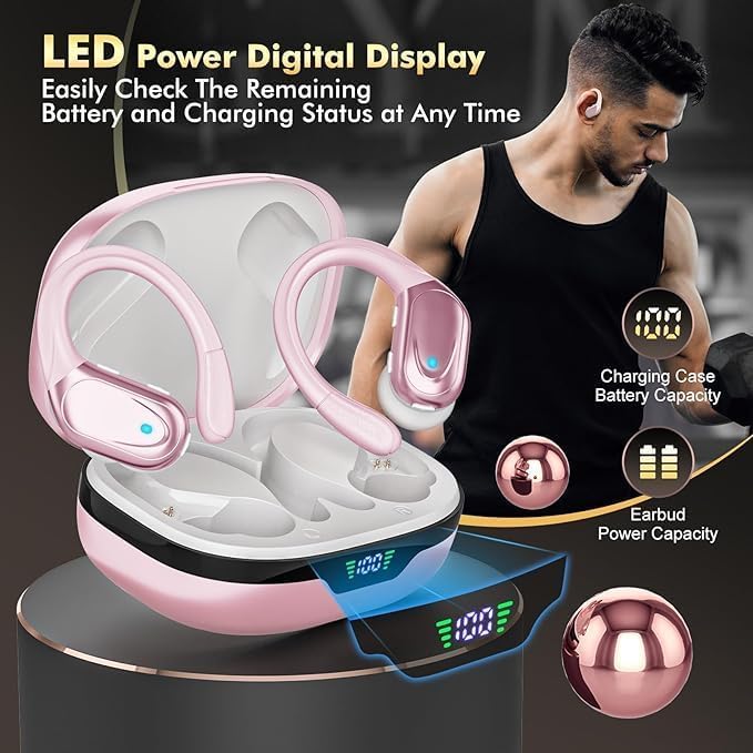 HAOYUYAN Wireless Earbuds, Sports Bluetooth Headphones, 80Hrs Playtime Ear Buds with LED Power Display, Noise Canceling Headset, IPX7 Waterproof Earphones for Workout/Running (Pink) - Image 7