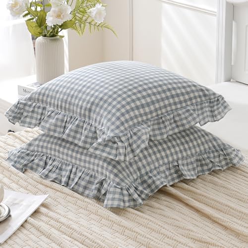 2 Pack Blue White Plaid Euro Pillow Shams Ruffle Pillowcases, 26x26 Inches - Image 5