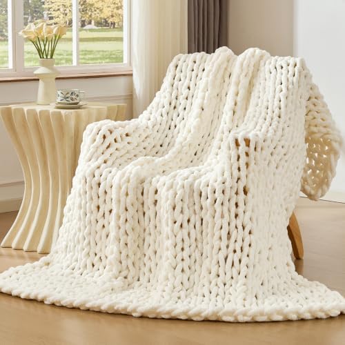 Bigacogo Chunky Knit Throw Blanket for Couch, 40x60 inches, Ivory by Bigacogo