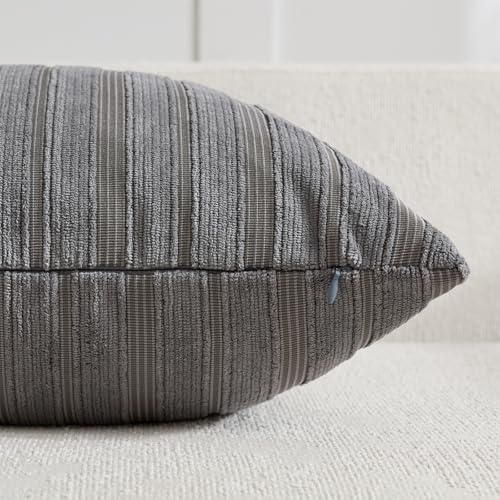 DEZENE 26x26 Grey Throw Pillow Covers Pack of 2 Soft Striped Corduroy Square Modern Neutral Pillow Cases for Couch Sofa Bedroom Living Room Home Decor - Image 2