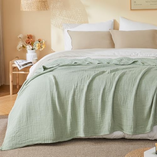 EMME Cotton Muslin King Blanket Bed Layering Bedspread Coverlet Breathable Gauze Soft Lightweight (Heather Sage Green, 108"x90") - Image 2