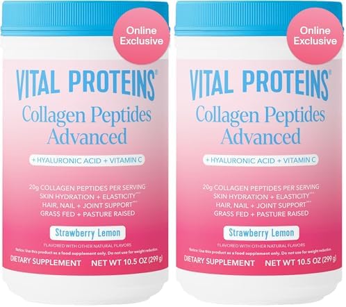 Vital Proteins Collagen Peptides Advanced, Hydrolyzed Peptides with Hyaluronic Acid and Vitamin C - Strawberry Lemon Flavor Powder, 10.5oz (Pack of 2) by VitalProteins