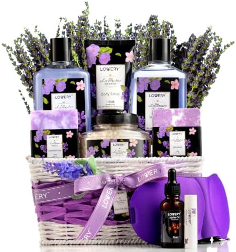 Gifts for Women, Moms, Lavender & Lilac Spa Gift Basket Set - Handmade Soap, Potpourri, Bath Bomb, Jojoba Oil, Organic Lip Balm & More - Stress Relief, Bath & Body Self Care Package by LOVERY