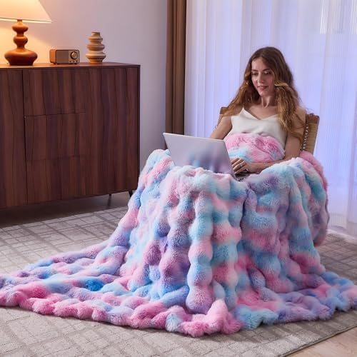 Lotus Karen Faux Fur Throw Blanket Tie-Dye Purple Rainbow - Big Bubble Rabbit Fluff Blanket for Couch, Large Fluffy Fuzzy Cozy Blanket,Thick Furry Plush Shaggy Blankets,108x90 Inches - Image 6