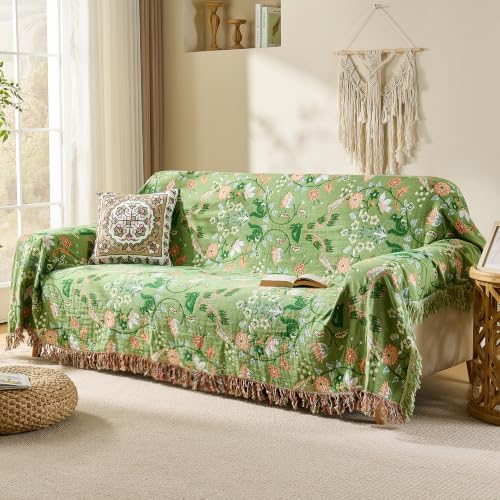 VANJOROY Boho Throw Blanket, 100% Organic Cotton Breathable Skin-Friendly Ultra Soft 50" x 60" Bed Quilt Green Throw - Floral Rustic Decor Luxury Reversible Blanket for Sofa Couch Chair and Gift, - Image 7