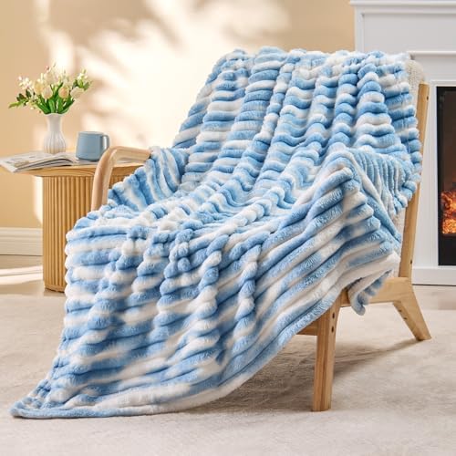 BEDELITE Ribbed Fleece Throw Blanket for Couch, Blue&White, 50"x60" by BEDELITE