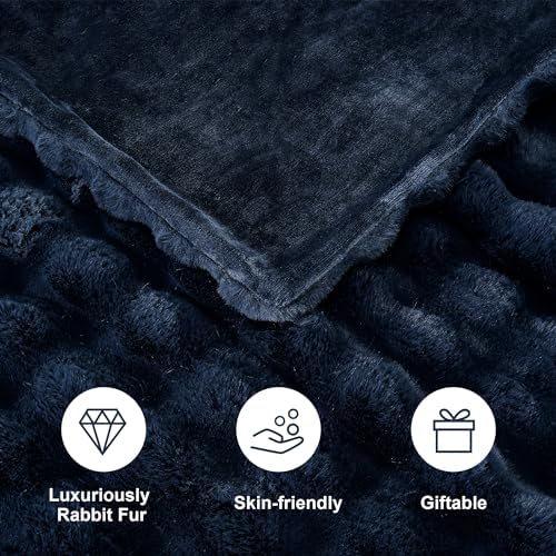 DREAMNINE Soft Faux Bubble Rabbit Fur Blanket Twin Size, Thick Cozy Decorative Warm Fuzzy Fur Blanket for Bed Couch Sofa Chair Bedroom Living Room Dorm Gift, 60 * 70 Inches, Navy Blue - Image 5