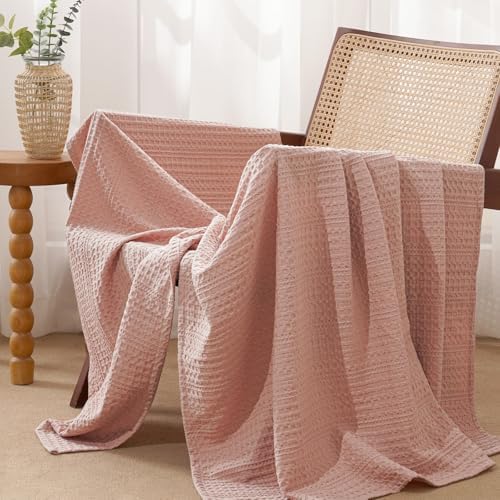 PHF Lightweight Waffle Weave Throw Blanket 50"x 60", Soft Woven Summer Blanket for Hot Sleepers - Aesthetic Home Decor for Couch Bed Sofa, Pet Friendly, Rose Pink by PHF