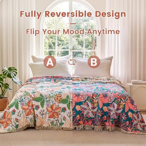 MSGKV Boho Throw Blanket 50"x60" 100% Cotton Embroidery Floral Muslin Throw - Image 4