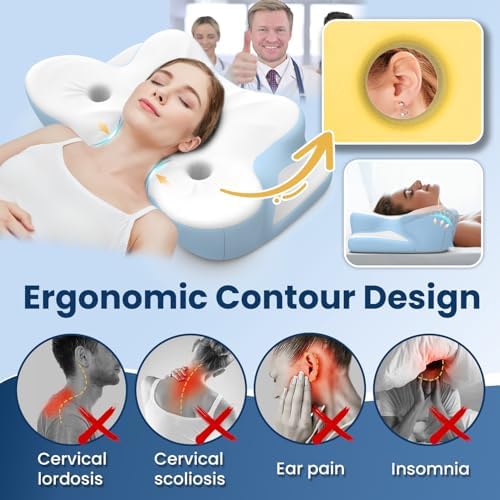 Cervical Neck Pillow, Side Sleeper Pillow for Adults, Neck Pillow for Neck and Shoulder, Orthopedic Contour Memory Foam Pillows for Side Back & Stomach Sleepers with Cooling Pillowcase - Image 4