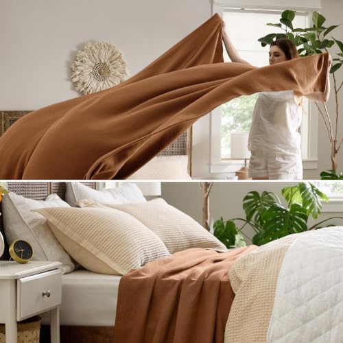 Bedsure 100% Cotton Blanket, Herringbone Weave, Queen Size, Burnt Orange - Image 4