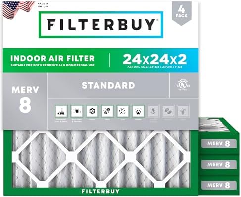Filterbuy 24x24x2 Air Filter MERV 8 Dust & Allergy Defense (4-Pack) by Filterbuy