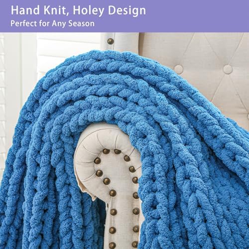Bigacogo Chunky Knit Throw Blanket for Couch, 40x60 inches, Bright Blue - Image 3