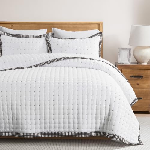 WDCOZY White Cloud Quilt Set King Size, Lightweight Soft Cross Stitch Bedspread, Farmhouse Rustic Country Coverlet, Spring Summer Thin Comforter, 3 Pieces, 2 Pillow Shams, 104x90 inches by WDCOZY