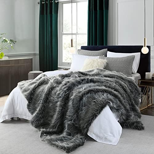 Luxury Faux Fur Blanket King Size, Ultra Big Grey and Black High Pile Mixed Faux Fur Throw Blanket, Oversized Super Warm, Fuzzy, Elegant, Fluffy Decoration Throws for Sofa, Couch and Bed, 104''x 90'' by HORIMOTEHOME