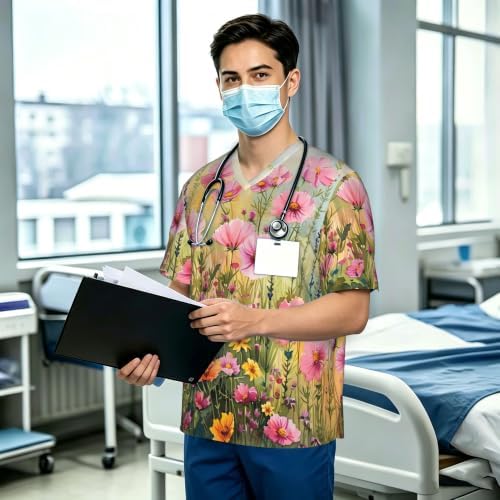 Men's Scrub Top,V-Neck Spill Wrinkle Resistant,3 Pockets-Watercolor Wildflower Field - Image 3