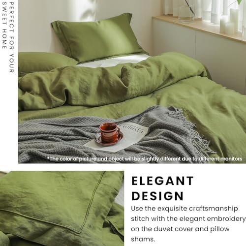 Simple&Opulence 100% French Flax Linen Duvet Cover Set with Embroidery Washed - 3 Pieces (1 Duvet Cover with 2 Pillow Shams) with Button Closure Soft Breathable Farmhouse - Olive, King Size - Image 2