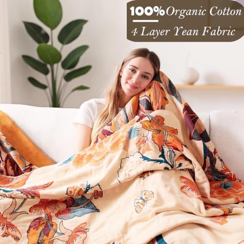 VANJOROY Boho Throw Blanket, 100% Organic Cotton Breathable Soft Lightweight All Season Rustic Bed Throw - Floral Bird Farmhouse Decor Blanket for Sofa Couch Chair Quilt and Gift. 60" x 80" - Image 3