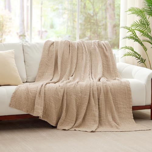 6 Layers Cotton Muslin Blankets Large, Lightweight Cotton Throw, Cooling Soft Throw Blanket for Year-Round Comfort, Breathable Quilt Bedspread, Gauze Weave Bedding for Adults, Oatmeal, Beige Linen - Image 2