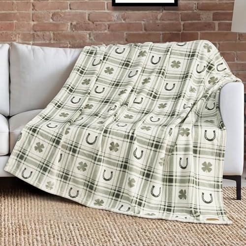Lucky Brand 50" x 70" Plush Throw Blanket, Clover Horseshoe Plaid Sage Green Blanket for Sofa or Bed by LuckyBrand