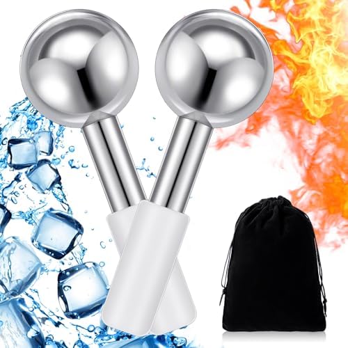 Baderke 2 Pcs Ice Globes for Face Stainless Steel Cooling Globes Unbreakable Cooling Roller Women Ice Balls Cryo Sticks Facials Skin Care for Dark Circles, Puffiness(Silver (White Handle)) by Baderke