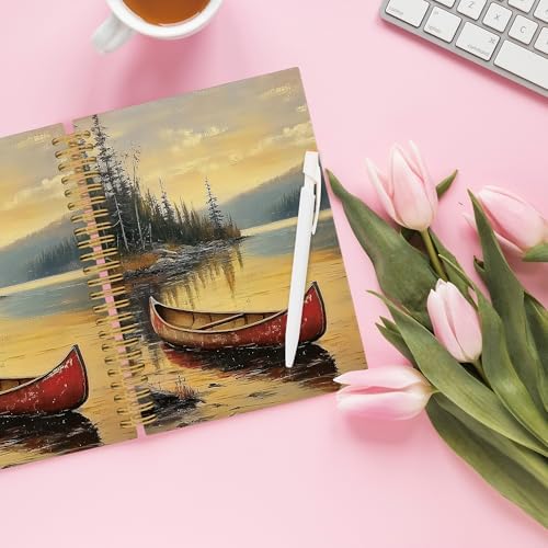 XPH Vintage Red Canoe Lake Landscape Spiral Notebook, Lake Gifts Journaling Notebooks for Women, Rustic Farmhouse Hardcover Journals for Writing 160 Pages 5.5 x 8.3 Inch, Nature Lover Gifts - Image 4