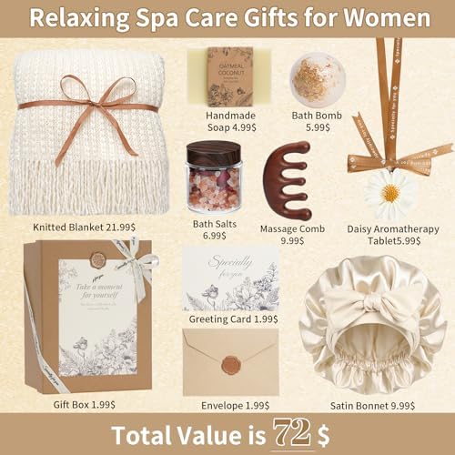 Self Care Gifts Baskets for Women, Spa Care Package for Women, Birthday Gift Get Well Soon Gifts Thinking of You Gift Basket Summer Home Spa Set with Bonnet & Massgae Comb for Mom Friends Her, Beige - Image 2