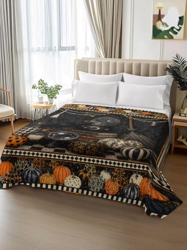 Halloween Queen Flat Sheet Pumpkin Book Flat Sheets Only Soft Breathable Bedding Top Sheets Luxury Hotel Quality Broom Crystal Ball Plaid Queen Bed Sheet for All Season Bedroom Dorm Halloween Decor - Image 2