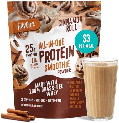 FlavCity All in One Protein Shake Powder, Cinnamon Roll - On the Go Meal Alternative + Collagen Peptides, Reishi & Cordyceps - Focus, Skin, Hair & Joint Support - 100% Grass Fed Whey, 20 Servings by FlavCity