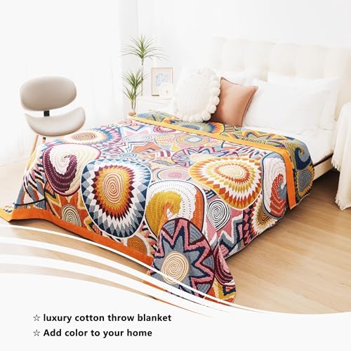 VANJOROY Boho Throw Blanket, 100% Organic Muslin Cotton Skin-friendly Breathable Ultra Soft Bed Quilt Throw - All Season Bohemian Decor Luxury Colorful Blanket for Sofa Couch Chair and Gift. 80" x 90" - Image 6