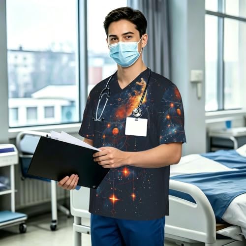 Men's Scrub Top,V-Neck Spill Wrinkle Resistant,3 Pockets-Mysterious Universe (1) - Image 3