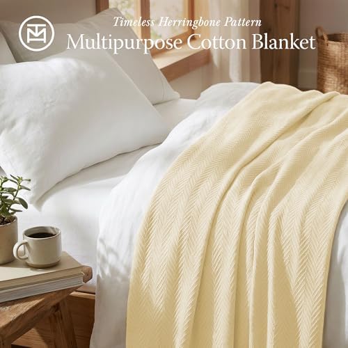 Threadmill Vanilla Cream 100% Combed Cotton King Size Blanket, All-Season Soft Breathable Light Weight Herringbone Throw - Image 2