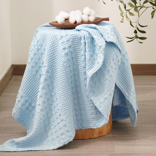 PHF Lightweight 100% Cotton Waffle Throw Blanket for Couch, Baby Blue - Image 4