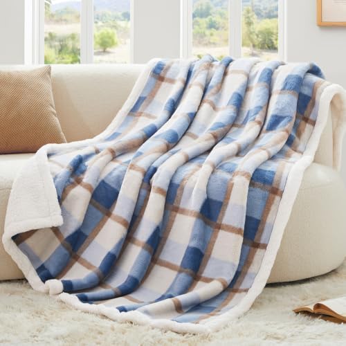 PU MEI Super Soft Faux Rabbit Fur Sherpa Fleece Throw Blanket, Reversible Luxury Cozy Cute Furry Blanket, Plush Warm Shaggy Fluffy Checkered Blankets for Sofa Couch Bed (Blue-Plaid, 80" x 90") by HOME