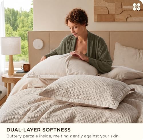 Bedsure PureWoven 3 Pieces 100% Cotton Waffle Duvet Cover Set, King, Beige - Image 4