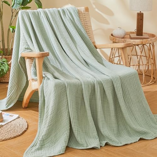 EMME Cotton Muslin Queen Blanket Bed Layering Bedspread Coverlet Breathable Gauze Soft Lightweight Blankets Adults (Heather Sage Green, 90"x90") - Image 5