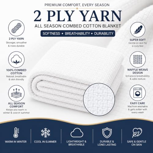 HILLFAIR 100% Combed Cotton Blanket– Twin XL Bed Blanket– Soft Cozy Warm Multipurpose Throws for Luxury Home Decor– 66 x 90 inch Twin XL Size Cotton Blankets for Beds- Blankets for All Season- White - Image 6